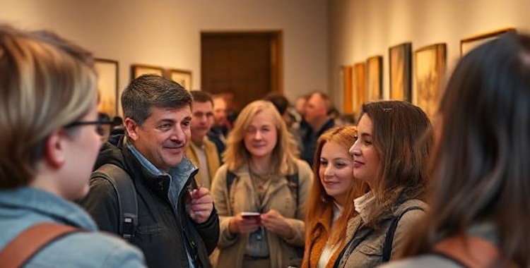 Museumbezoekers in een ruimte met schilderijen (AI generated)